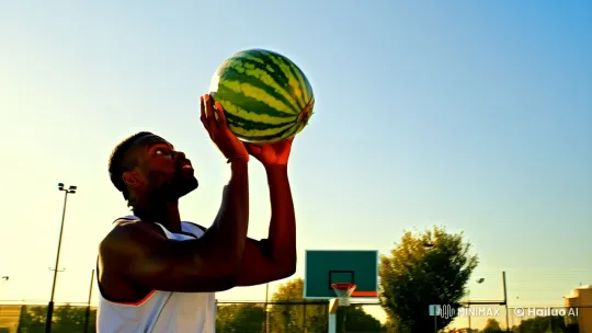 Athletic Man Hurls Watermelon into Basketball Hoop – AI Generated Video | Hailuo AI
