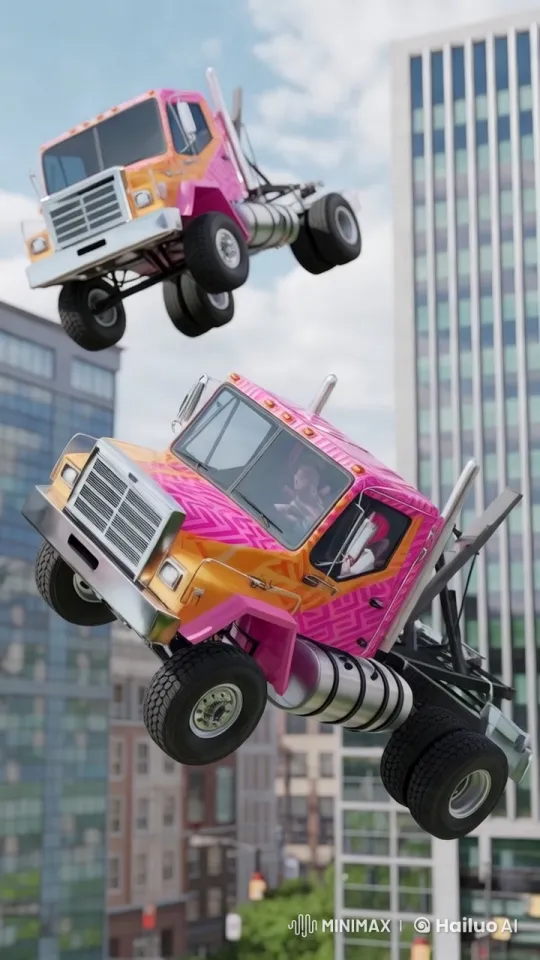 Pink Trucks Defy Gravity Above Bustling Cityscape – AI Generated Video | Hailuo AI