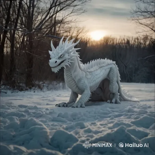 Majestic White Dragon in Snowy Forest at Sunset – AI Generated Video | Hailuo AI