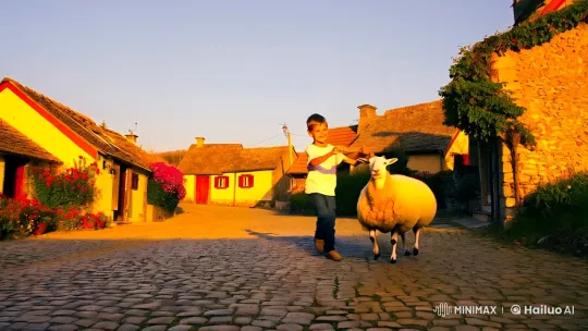Boy Dances with Sheep in Golden Village Setting – AI Generated Video | Hailuo AI
