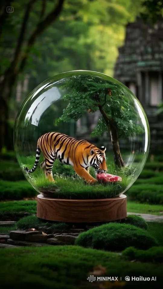 Tiger in a Glass Sphere Amidst Serene Forest – AI Generated Video | Hailuo AI