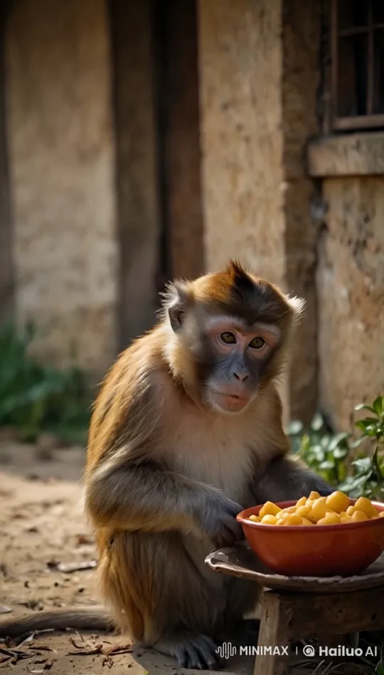 Monkey cautiously eats fruit at a rustic house – AI Generated Video | Hailuo AI