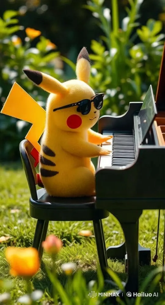 Pikachu Plays Piano in a Serene Garden – AI Generated Video | Hailuo AI