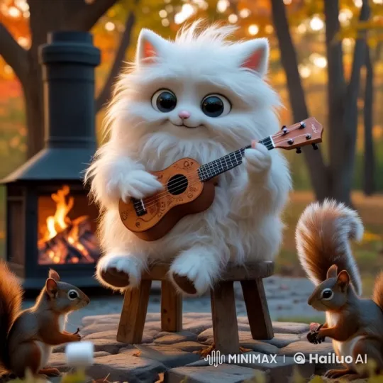 Fluffy Cat Plays Ukulele Amid Autumn Serenity – AI Generated Video | Hailuo AI