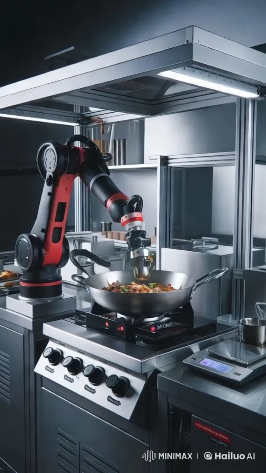 Robotic Arm Cooks Stir-Fry in Industrial Kitchen – AI Generated Video | Hailuo AI