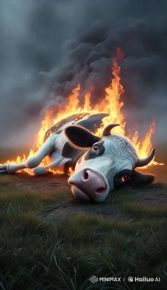 Tragic Beauty: A Cow Enveloped in Flames – AI Generated Video | Hailuo AI