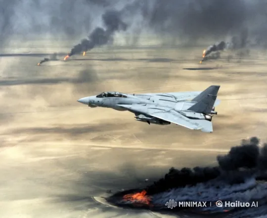 F-14 Tomcat Soars Over Desert Amidst Smoke and Fire – AI Generated Video | Hailuo AI