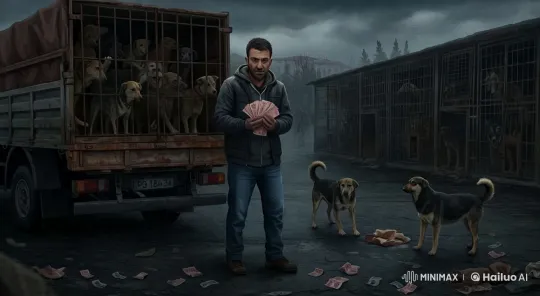 Man Counts Money Amidst Caged Dogs in Grim Setting – AI Generated Video | Hailuo AI