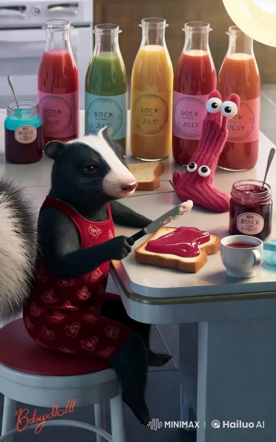 Whimsical Skunk Prepares Jam Sandwich in Modern Kitchen – AI Generated Video | Hailuo AI