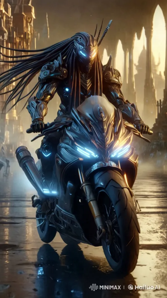 Futuristic Warrior on Hi-Tech Motorcycle in Illuminated Cityscape – AI Generated Video | Hailuo AI
