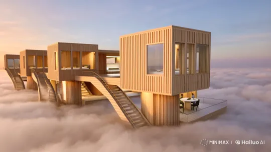 Floating Minimalist Cube Houses on Clouds with Sunset Glow – AI Generated Video | Hailuo AI