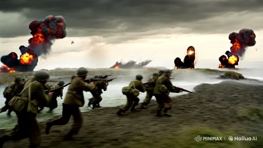 Soldiers Charge Through Stormy WWII Beach Under Fire – AI Generated Video | Hailuo AI