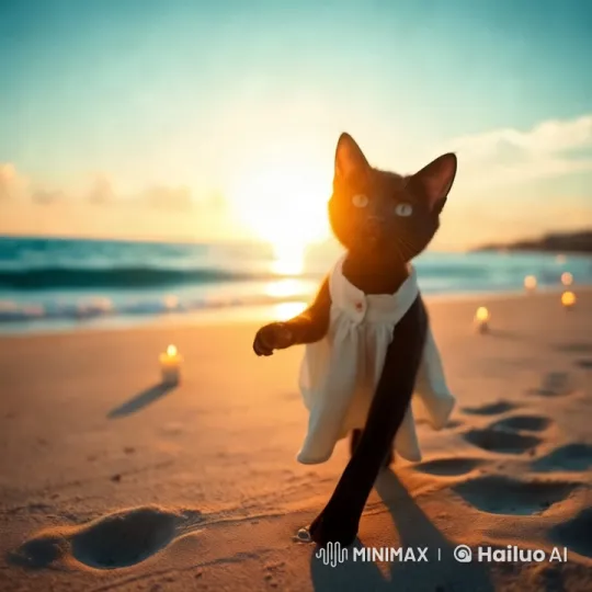 Enchanted Sunset: Cat Strolls on a Beach – AI Generated Video | Hailuo AI