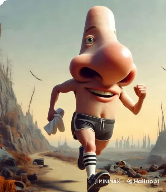 Exaggeratedly Nosed Runner Chased by Trump in Whimsical Landscape – AI Generated Video | Hailuo AI
