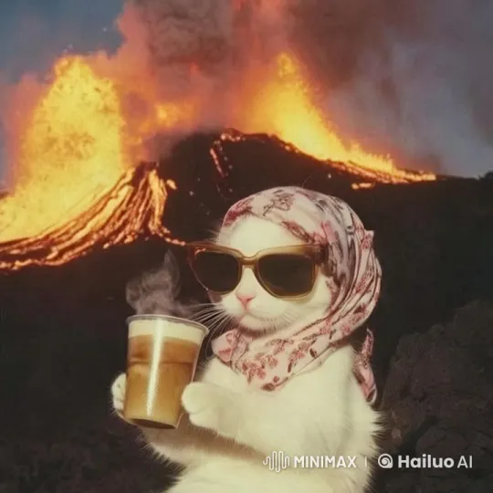 Cat Sips Coffee Amidst Chaotic Volcano Eruption – AI Generated Video | Hailuo AI