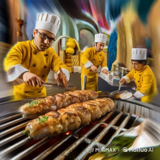 Vibrant Chefs Prepare Grilled Delicacies in Lively Kitchen – AI Generated Video | Hailuo AI
