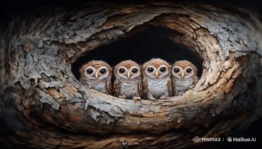 Baby Owls in a Tree Hollow: A Serene Study – AI Generated Video | Hailuo AI
