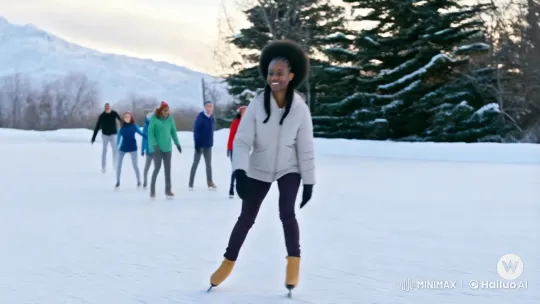 Woman Skates Gracefully in Snowy Landscape – AI Generated Video | Hailuo AI
