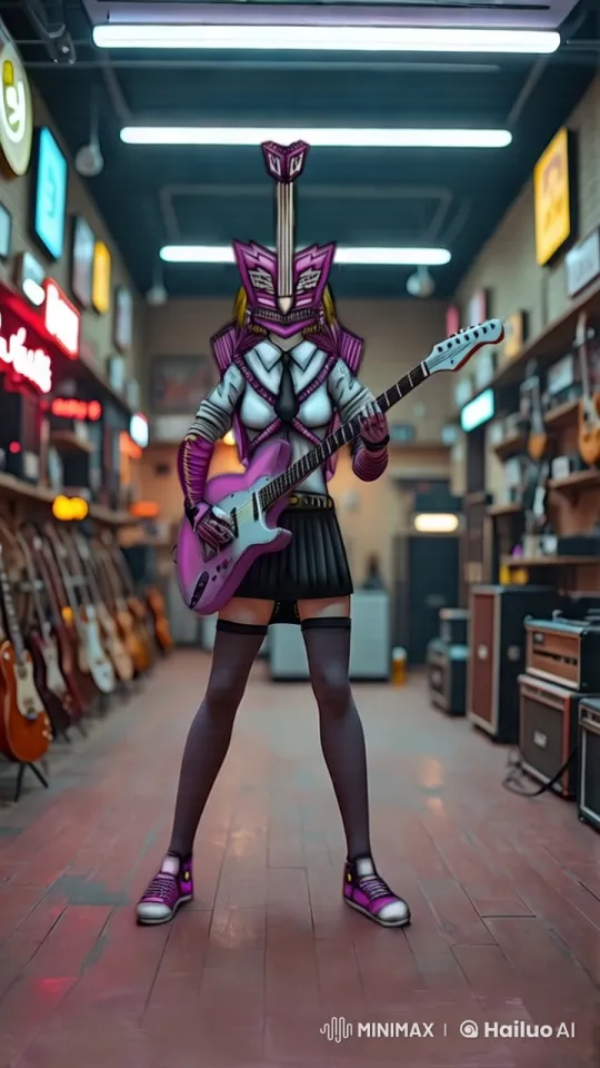 Girl Plays Electric Guitar in Stylish Music Store – AI Generated Video | Hailuo AI
