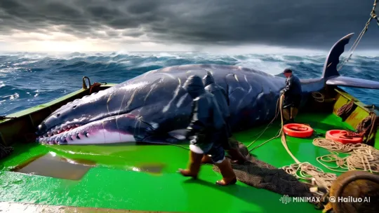 Whale on Fishing Boat Amidst Ocean Storm – AI Generated Video | Hailuo AI