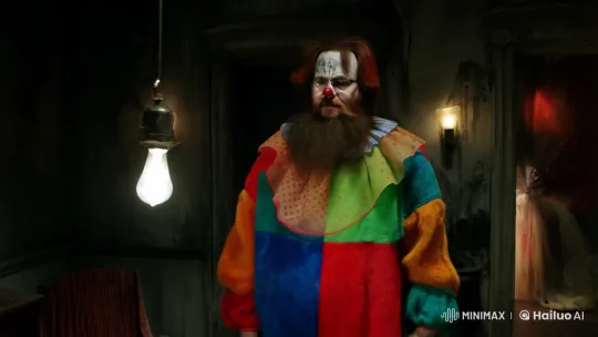 Eerie Clown in Dimly Lit Room with Swinging Lightbulb – AI Generated Video | Hailuo AI