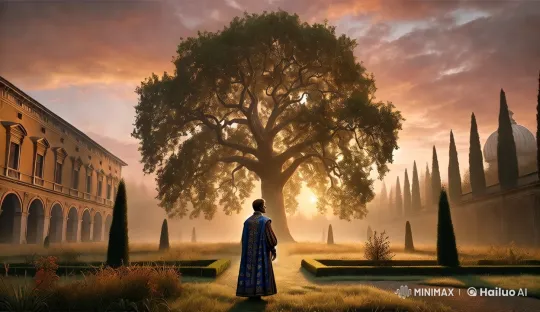 Regal Figure Contemplates Majestic Tree at Historic Garden – AI Generated Video | Hailuo AI