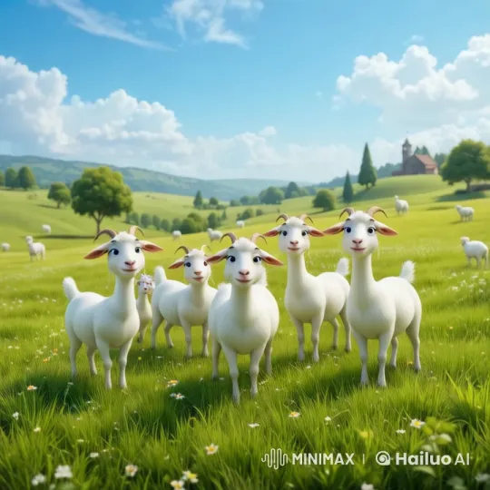 Peaceful Countryside: Goats Grazing in a Lush Meadow – AI Generated Video | Hailuo AI