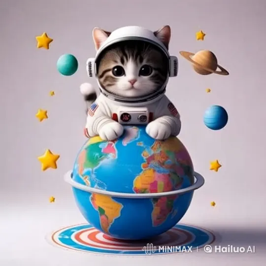 Cute Kitten Astronaut Spins Globe in Space – AI Generated Video | Hailuo AI
