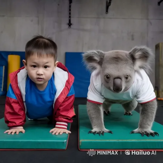 Boy and Koala Mimic Each Other's Push-Ups – AI Generated Video | Hailuo AI