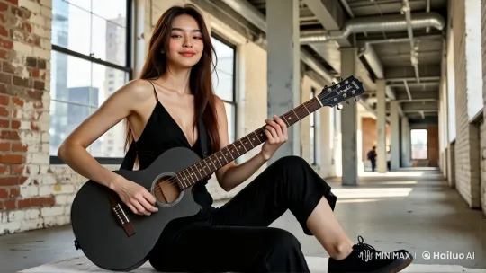 Young Woman Serenades Cityscape with Guitar – AI Generated Video | Hailuo AI
