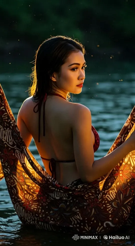Woman in Red Bikini Enjoys Serene Golden Hour by Water – AI Generated Video | Hailuo AI