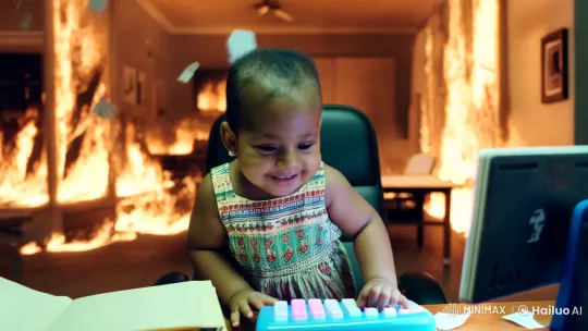 Innocence Amidst Chaos: Baby at Toy Computer in Flames – AI Generated Video | Hailuo AI