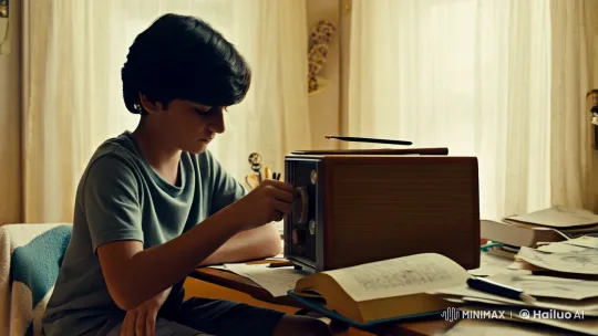 Boy Tunes Radio Amidst Creative Clutter in Intimate Scene – AI Generated Video | Hailuo AI