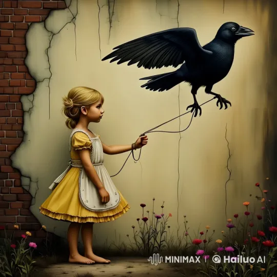Young Girl Walks with Crow on Animated Sidewalk Loop – AI Generated Video | Hailuo AI