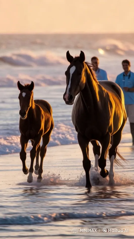 Foal and Mare Thrive by the Ocean Shore – AI Generated Video | Hailuo AI