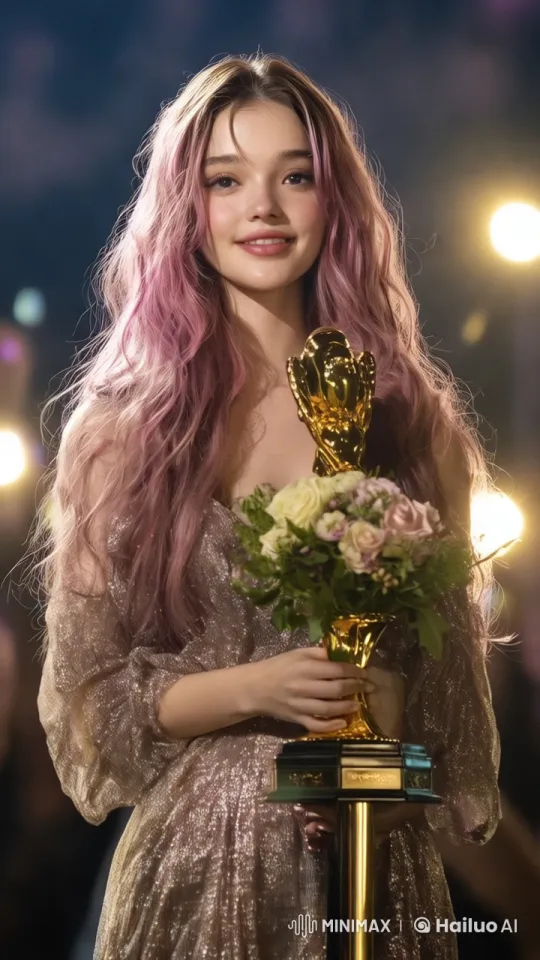 Elegant Woman with Trophy in Glamorous Setting – AI Generated Video | Hailuo AI