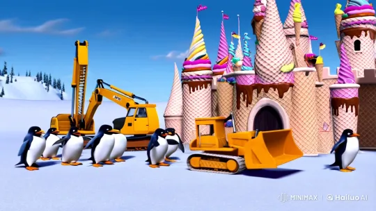 Penguins Build Ice Cream Castle with Machinery – AI Generated Video | Hailuo AI