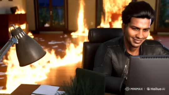Man Types Calmly Amid Office Fire – AI Generated Video | Hailuo AI