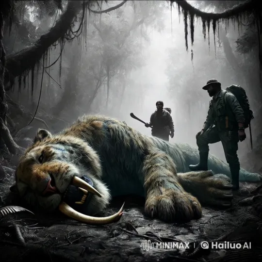 Explorers Discover Ancient Smilodon in Dense Forest – AI Generated Video | Hailuo AI