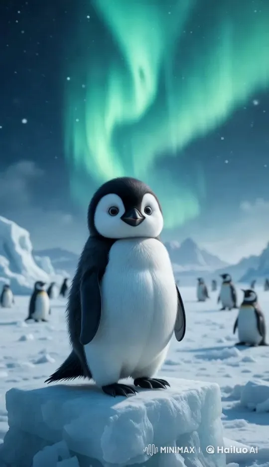 Penguin Chick Amidst Serene Aurora on Ice – AI Generated Video | Hailuo AI