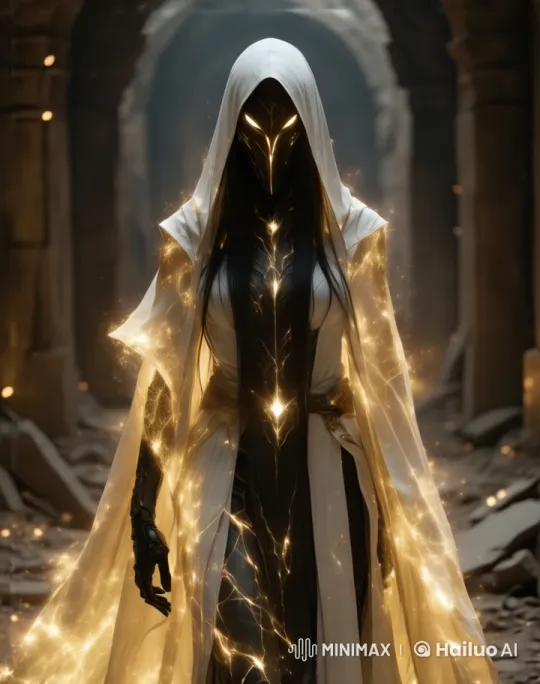 Mysterious Figure in Ethereal Robe Glows in Ancient Corridor – AI Generated Video | Hailuo AI