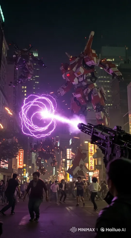Giant Robots Battle in Neon-Lit City Streets – AI Generated Video | Hailuo AI