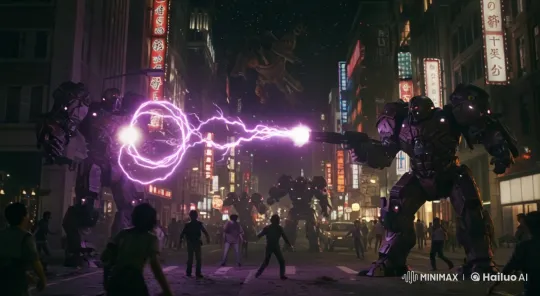 Neon-Lit City Battle: Towering Robots Clash – AI Generated Video | Hailuo AI