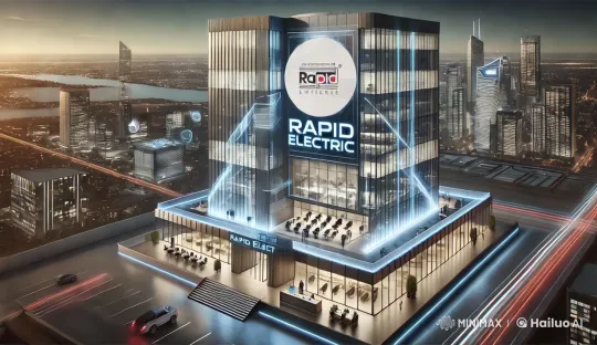 Rapid Electric's Futuristic Building Amidst Neon Cityscape – AI Generated Video | Hailuo AI