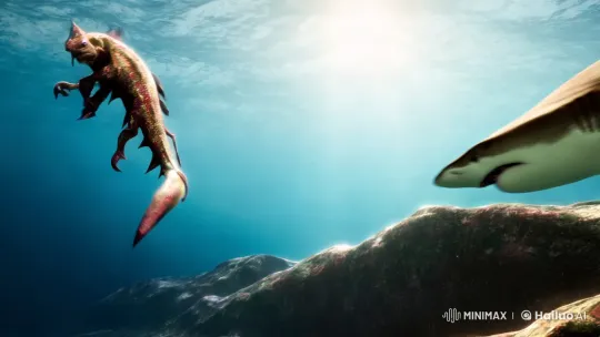 Tense Underwater Chase: Shark vs. Enigmatic Creature – AI Generated Video | Hailuo AI