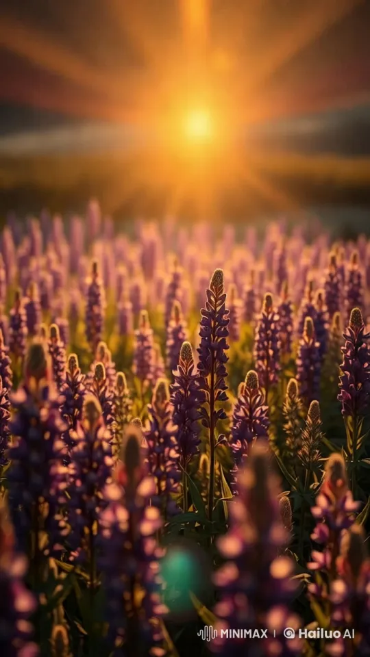 4K Sunset Over Swaying Lupine Field – AI Generated Video | Hailuo AI
