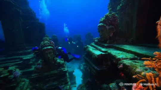 Ancient Sunken Temple: High-Res Underwater Exploration – AI Generated Video | Hailuo AI