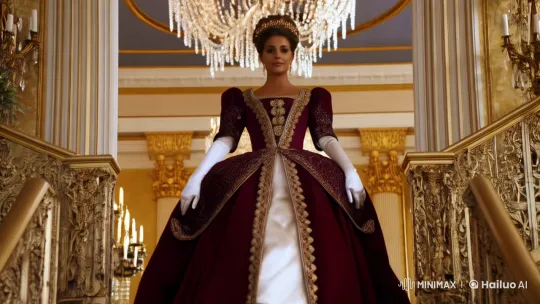 Regal Woman Descends Staircase in Grand Banquet Hall – AI Generated Video | Hailuo AI