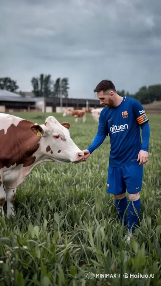 Messi Feeds Cows in Pastoral Setting – AI Generated Video | Hailuo AI