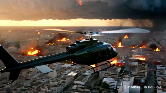 Chaos Below: Helicopter's View of City in Turmoil – AI Generated Video | Hailuo AI